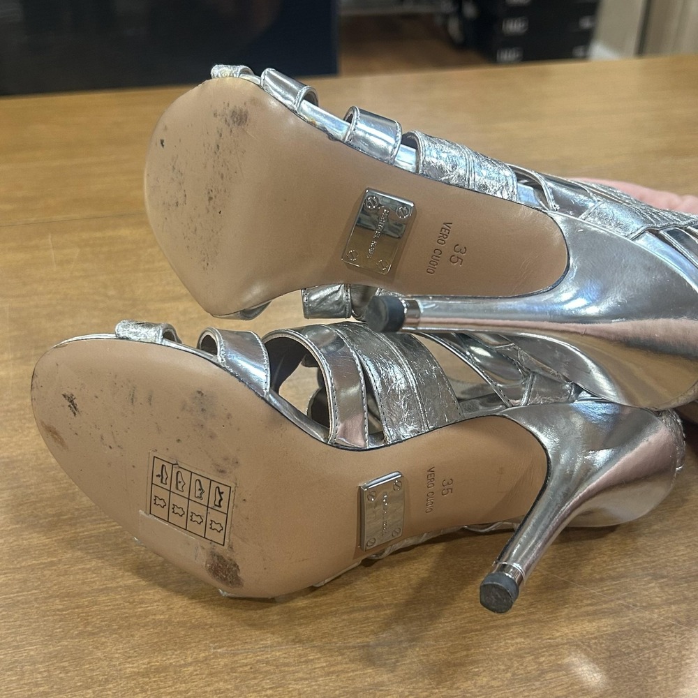 Michael Kors Sandals Womens Size 5 Silver Leather Strappy Caged Stiletto Heels - Picture 3 of 7